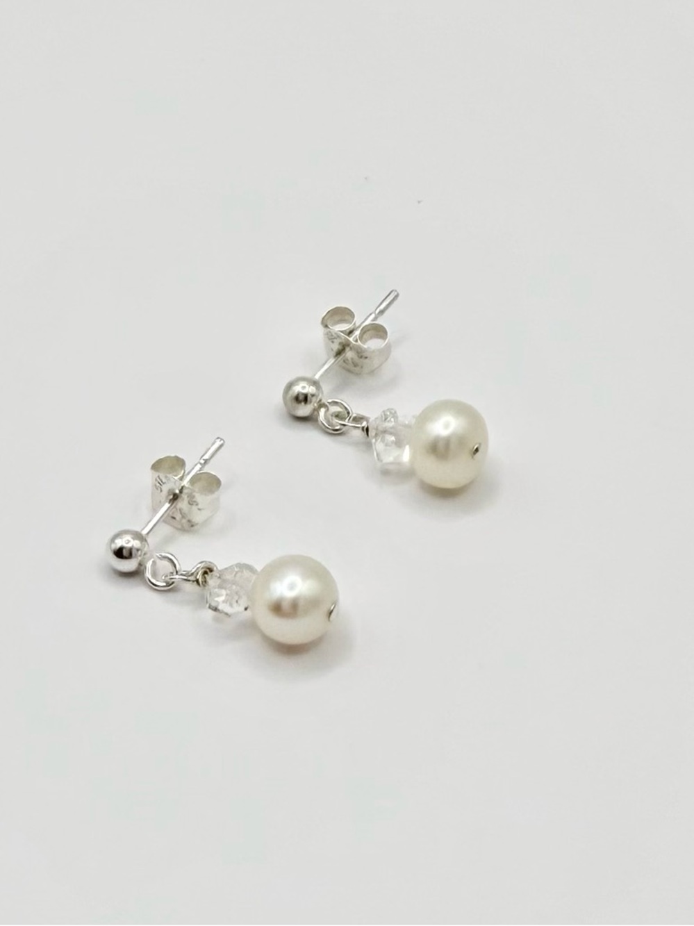 Cultured Freshwater Pearl & Herkimer Quartz Crystal Sterling Silver Earrings
